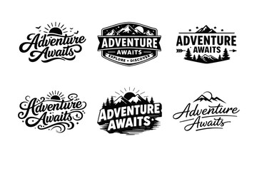 Fototapeta premium Adventure Awaits. Set lettering. harmonious lettering variations of the same emblematic concept, each with different artistic interpretation (Bold