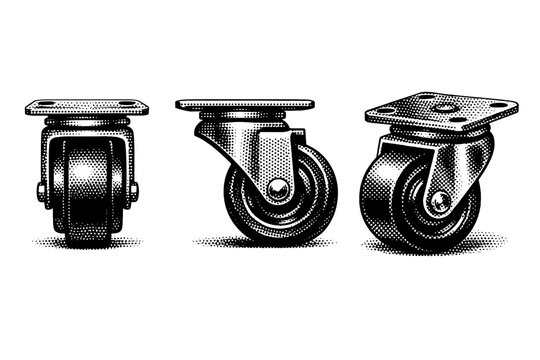 Filing cabinet caster wheels A detailed caster wheel of a metal filing cabinet presented as a single object in three views including front, side, and angled,