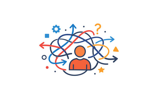 Algorithm anxiety interpreted as a tangled flow of arrows and data points around a simple human icon, representing confusion, unpredictability and lack of