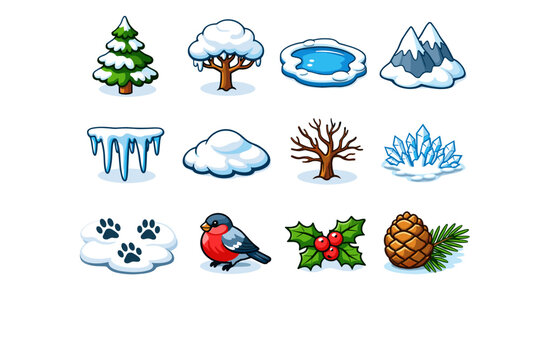 Winter Nature. Colorful isometric vector icons set of Winter Nature: pine tree, snow-covered tree, frozen lake, snow-covered mountain, icicles, snowdrift, bare