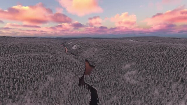 Aerial drone shot of the snow at sunrise of Savukoski. Nuorttijoen Silta in Lapland. Finland