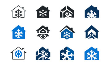 Fototapeta premium Winterizing your home for cold weather. Icon set. Set Logo of Winterizing your home for cold weather: house with snowflake. harmonious logo variations of the