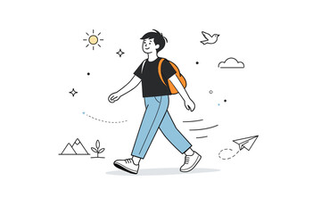 Obraz premium Personal freedom. A relaxed character walking freely without barriers, with gentle motion lines showing movement forward. The illustration communicates