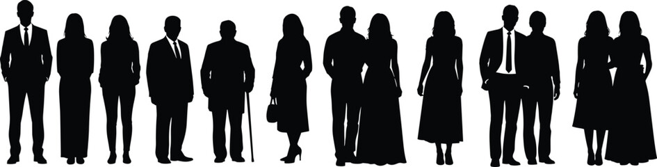 Diverse people silhouettes vector illustration, men and women in suits dresses casual wear, social dynamics artwork