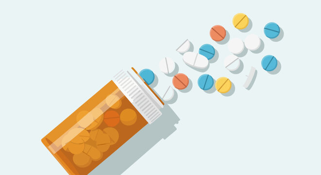 An amber prescription pill bottle tipped over, spilling a variety of colorful pills onto a light blue background.