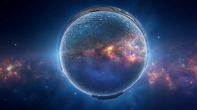 Futuristic glowing cosmic warp gate portal in deep space with swirling galaxy nebula and metallic ring, vibrant universe sphere footage