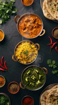 Overhead View of Three Steaming Bowls of Traditional Indian Dishes on Black Stone Surface with Naan Bread and Spices