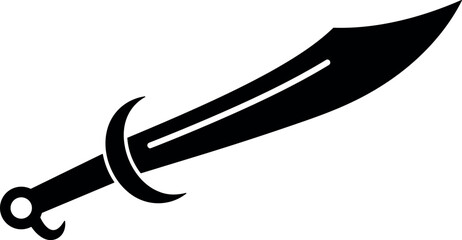 Obraz premium Flat design scimitar sword vector side view curved blade with ring pommel crescent guard white background bold silhouette high contrast