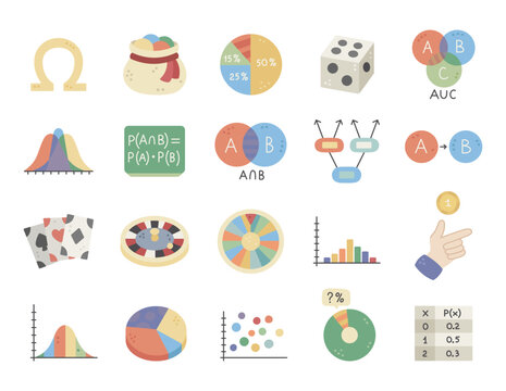 Probability theory set in scandinavian style featuring sample space dice cards roulette wheel distributions histograms scatter plots venn diagrams formulas