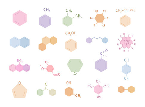 Organic chemistry set in scandinavian style featuring benzene derivatives heterocycles polycyclic hydrocarbons aldehydes ketones phenols acids nitrated molecules structural formulas