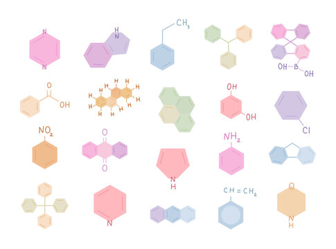 Organic chemistry set in scandinavian style featuring ethylbenzene aniline pyrazine fluorene spirobifluorene pyrene chrysene benzoic acid styrene chlorobenzene nitrobenzene anthraquinone