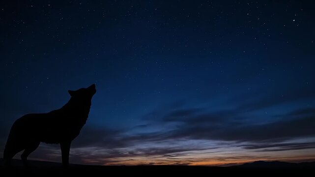 Silhouette of a wolf howling at the twilight sky.