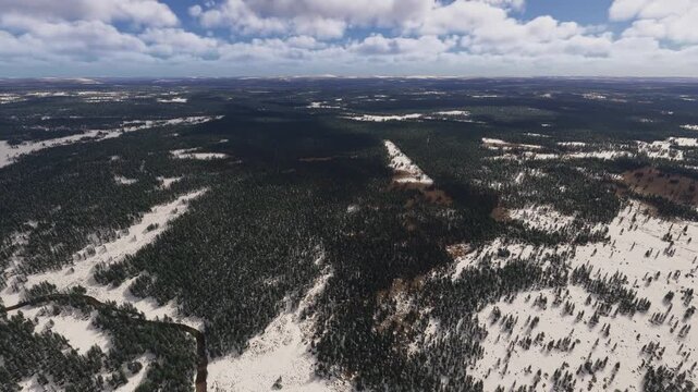 Side aerial drone shot of the snow with Savukoski. Nuorttijoen Silta in Lapland. Finland