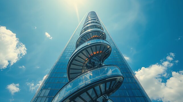 Eine gl&auml;serne Wendeltreppe f&uuml;hrt an einem Hochhaus nach oben