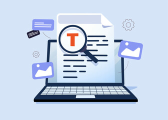 Content writing and blogging concept with desktop computer displaying document and image thumbnails for creative digital marketing. Vector illustration. Blogging, copywriting digital marketing