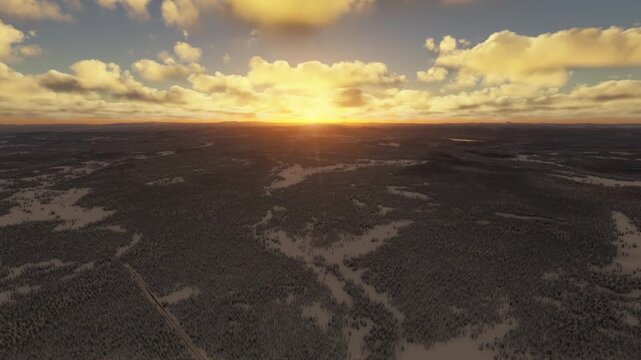 Sunset aerial shot of the snow with Savukoski. Nuorttijoen Silta in Lapland. Finland