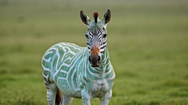 Unique green striped zebra stands in grassy field, animal portrait, wildlife footage