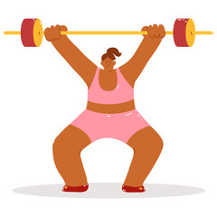 Strong plus size woman lifting barbell overhead. Body positive female character in pink outfit showing power and confidence. Flat modern style isolated on light background.
