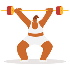 Strong plus size woman lifting barbell overhead. Confident female character in white outfit showing strength and determination. Modern flat style isolated on light background.