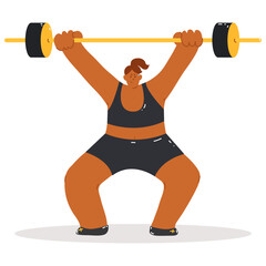 Strong plus size woman lifting barbell overhead. Confident female character in black outfit showing power and determination. Modern flat style isolated on light background.