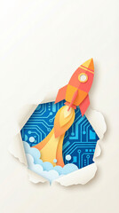 Colorful Rocket Launch Breaking Through Paper With Technology Circuit Background Symbolizing Startup Innovation.