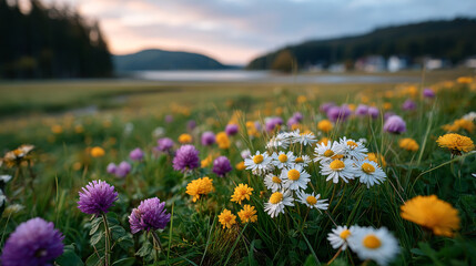 Obraz premium Flowers bloom in a field near the lake. Colors of wildflowers fill the field as sunlight fades over the lake in the evening. Nature shows its beauty in spring.