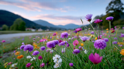 Obraz premium Sunset blooms in mountain meadow. Wildflowers fill a meadow with colors as the sun sets behind the mountains. Nature shows life near the road.