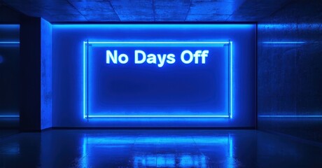 Fototapeta premium Dark room features glowing blue neon rectangle displaying text. Reflective floor adds depth, creating modern aesthetic. Minimalist design.