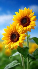 Sunflowers in a blue sky. Two sunflowers stand tall in a green field under a blue sky. Bright yellow petals surround dark centers.