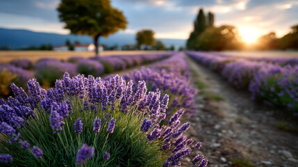 Obraz premium Sunset over lavender fields. Lavender flowers bloom in a field as the sun sets behind trees in the background, creating a scenic view.