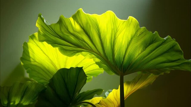 Close up of a large green tropical leaf with sunlight shining through the veins