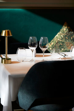 Elegant table setup in a sophisticated dining environment
