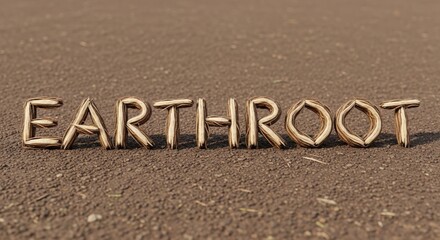 Fototapeta premium Earthroot Wooden Typography on Soil Background, Sustainable Farming Concept