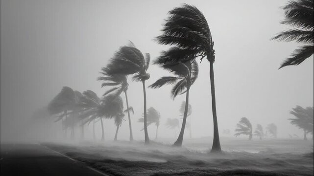 Black and white photography of palm trees in heavy storm winds