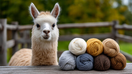 Fototapeta premium Alpaca with colorful wool yarn balls on table. Portrait of white alpaca looking at camera, stack of multi-colored knitting yarn balls on wooden table in foreground.