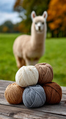Fototapeta premium Yarn and alpaca in a green field setting. Yarn balls sit on a wooden table with an alpaca in a green field behind them on a sunny day.