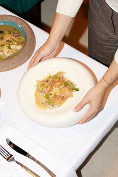 Gourmet dish presentation at upscale restaurant