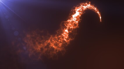 Abstract flying magical glowing line of energetic orange fiery particles in the rays of a brilliant sun on a dark background. Abstract background
