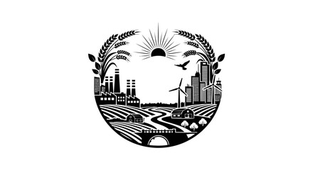 Circular emblem depicting a cityscape farmland wheat and a rising sun © arfanah02