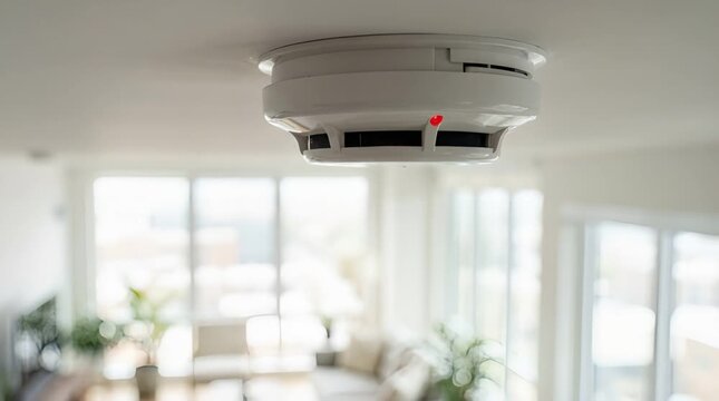 White Round Smoke Detector with Red Light on Ceiling against Blurred White Interior