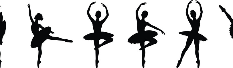 Elegant ballerina silhouettes in graceful dance poses, classical ballet positions with tutu, pirouette, arabesque, performance art, stage movement illustration © It's Sumi Here