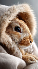 Cute rabbit rests in soft fur cloth. A rabbit with soft fur sits cozy in a warm fur cloth while looking to the side. Its eyes are bright and curious.