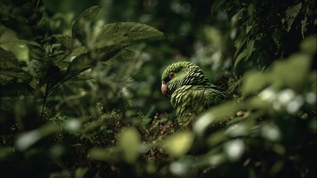 Wild green parakeet perched among dense tropical garden leaves