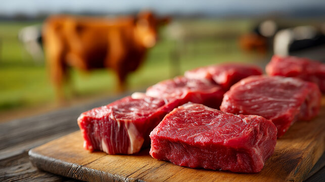 Fresh cuts of beef on wooden board. Beef cuts lay on a wooden board with a cow in the background on a sunny day at a farm.