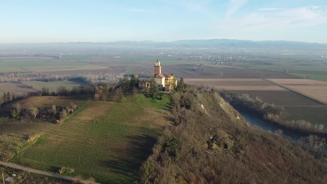 Drone images of Montecastello Castle and hills - Alessandria, Piedmont, Italy