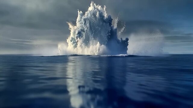 Powerful underwater explosion creating massive water plume in open ocean as catastrophic natural phenomenon