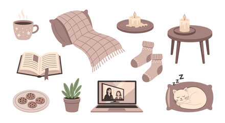 Cozy comfort items, including a steaming mug, warm blanket, lit candles, and a sleeping cat, evoke a sense of peaceful relaxation and home comfort.