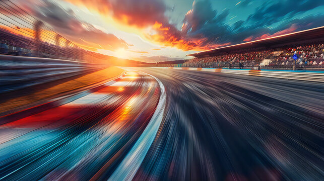 Race track curve at fiery sunset with orange light trails and crowd.