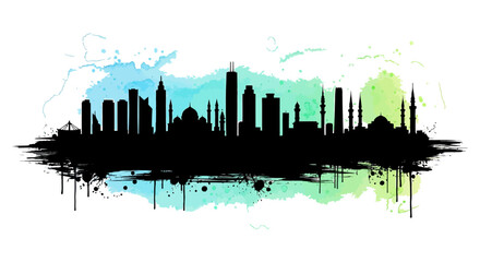 Watercolor skyline silhouette featuring a cityscape with mosques and modern buildings © AvenLys20