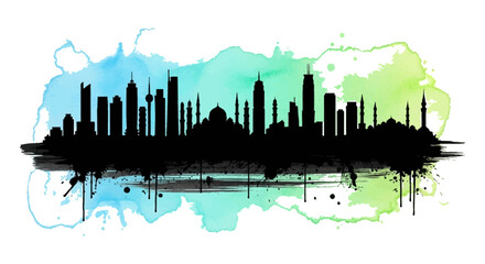 Watercolor skyline silhouette of a city with prominent skyscrapers and domes © AvenLys20